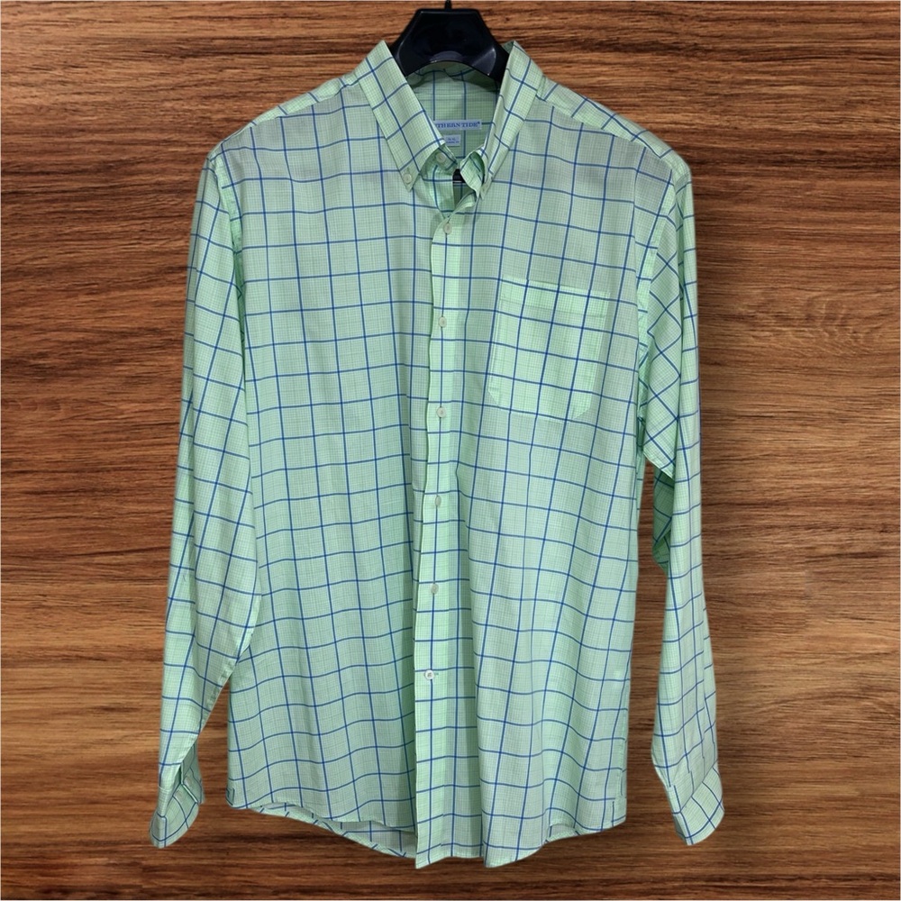 Southern Tide Classic Fit Neon Green and White w/ Blue Stripes Dress Shirt. XL.